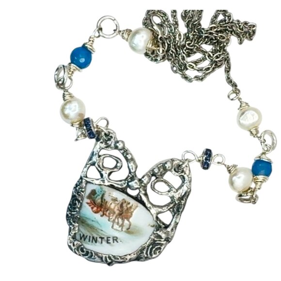 Courier & Ives Winter Pendant Necklace With Handcrafted Boho Metalwork & Pearls - Picture 8 of 13